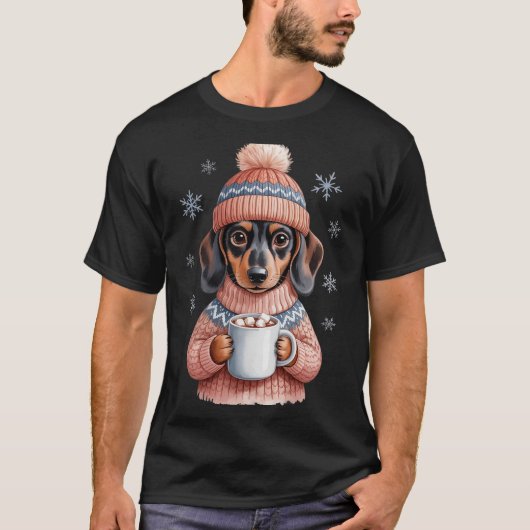 Cozy Dachshund Dog With Hot Cocoa Holiday Winter S Tシャツ (正面)