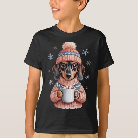 Cozy Dachshund Dog With Hot Cocoa Holiday Winter S Tシャツ (正面)