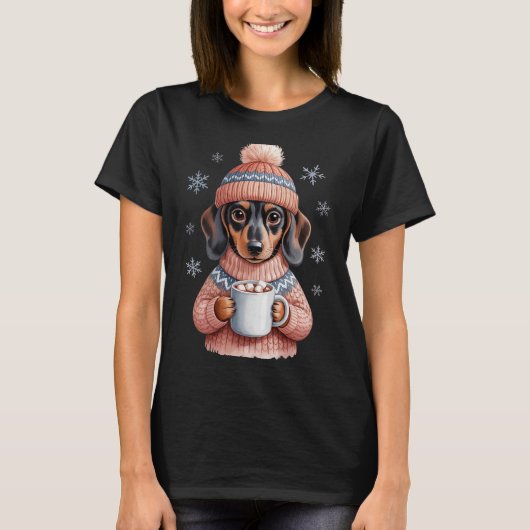 Cozy Dachshund Dog With Hot Cocoa Holiday Winter S Tシャツ (正面)