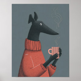 Cozy Dog Poster – Stylized Greyhound with Mug ポスター