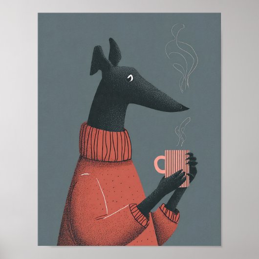 Cozy Dog Poster – Stylized Greyhound with Mug ポスター (正面)