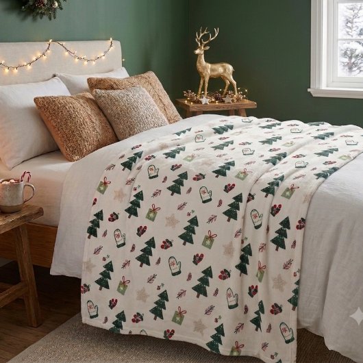 Cozy Dusty Blue Watercolor Christmas Tree Pattern フリースブランケット