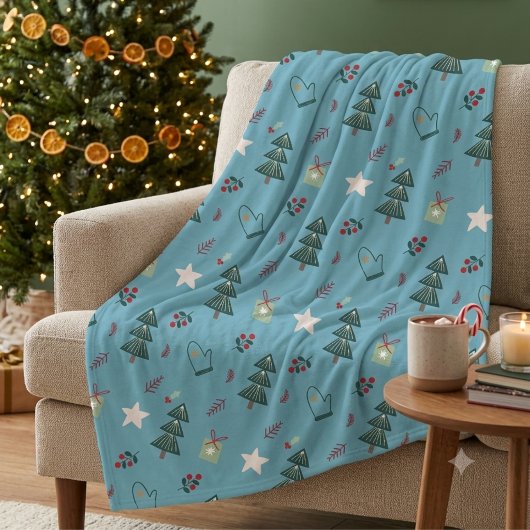 Cozy Dusty Blue Watercolor Christmas Tree Pattern フリースブランケット