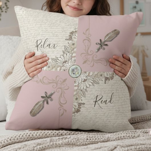Cozy Dusty Pink Rose Book Lover Décor クッション