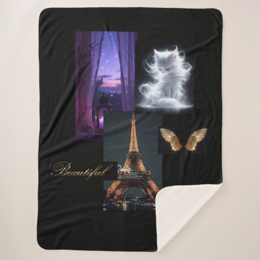 Cozy Eclectic Blanket – Eiffel Tower, Furry Cat &  シェルパブランケット (正面)
