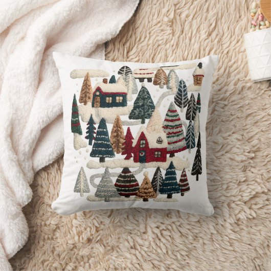 Cozy Embroidered Winter Village Pillow クッション (ブランケット)