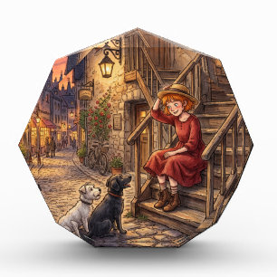 Cozy Evening Girl and Dogs Vintage Street フォトブロック