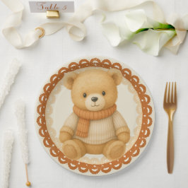 Cozy Fall Baby Shower | ニュートラルクリームとオレンジ ペーパープレート