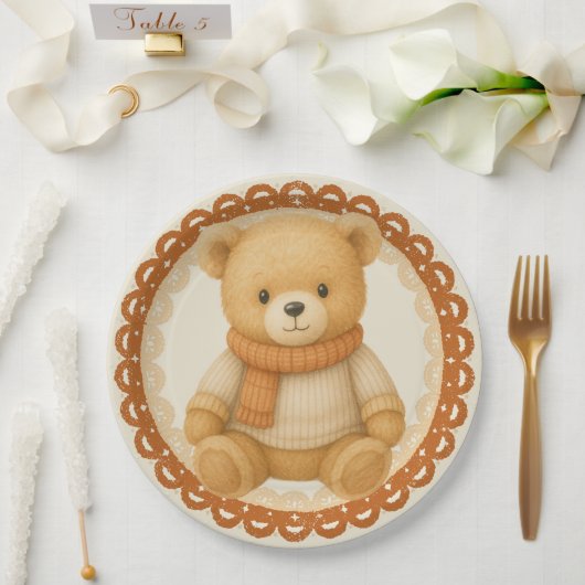 Cozy Fall Baby Shower | ニュートラルクリームとオレンジ ペーパープレート (ウェディング)