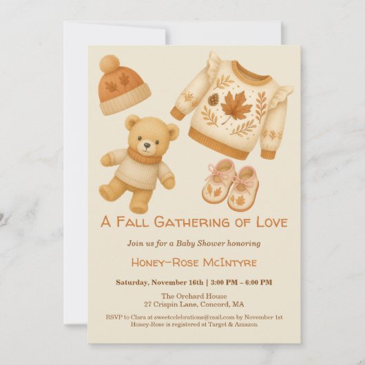 Cozy Fall Baby Shower | ニュートラルクリームとオレンジ 招待状 (正面)