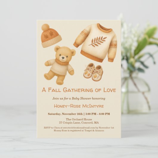 Cozy Fall Baby Shower | Neutral Cream & orange 招待状 (スタンド正面)