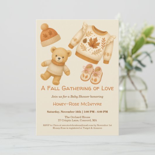 Cozy Fall Baby Shower | Neutral Cream & orange 招待状 (スタンド正面)