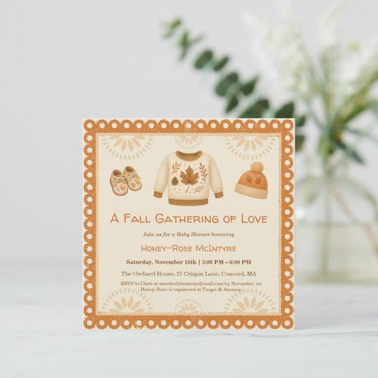 Cozy Fall Baby Shower | Neutral Cream & orange 招待状 (スタンド正面)