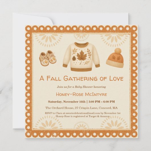 Cozy Fall Baby Shower | Neutral Cream & orange 招待状 (正面)