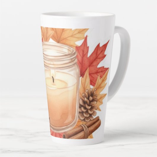 Cozy Fall Candle with Maple Leaves | Autumn Design カフェラテマグ (右アングル)