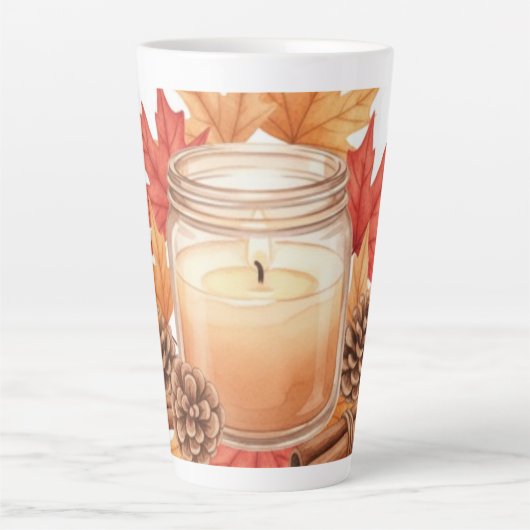 Cozy Fall Candle with Maple Leaves | Autumn Design カフェラテマグ (正面)