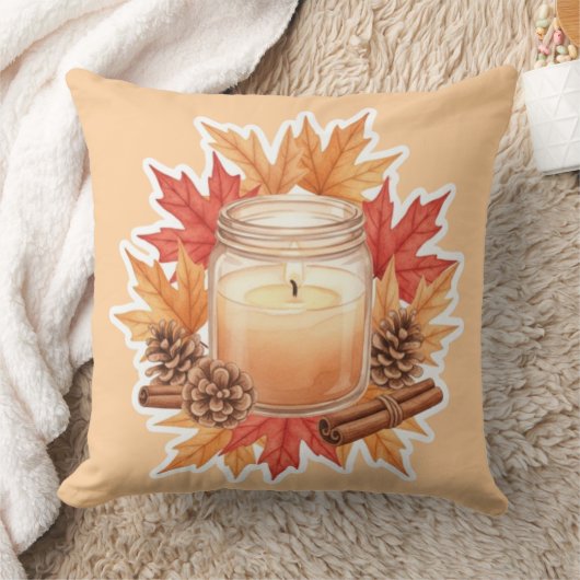 Cozy Fall Candle with Maple Leaves | Autumn Design クッション (ブランケット)