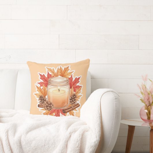 Cozy Fall Candle with Maple Leaves | Autumn Design クッション (ソファ)