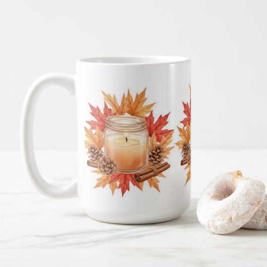 Cozy Fall Candle with Maple Leaves | Autumn Design コーヒーマグカップ (ドーナツ)