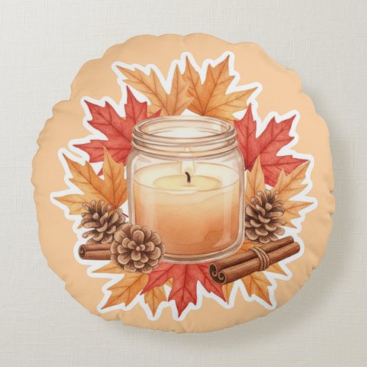 Cozy Fall Candle with Maple Leaves | Autumn Design ラウンドクッション (正面)