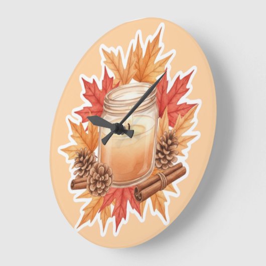 Cozy Fall Candle with Maple Leaves | Autumn Design ラージ壁時計 (傾斜)
