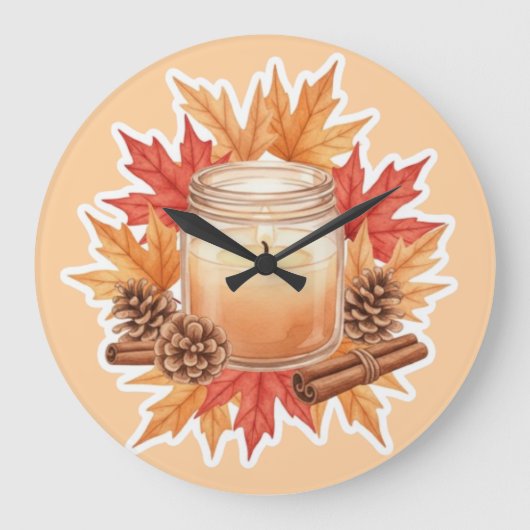 Cozy Fall Candle with Maple Leaves | Autumn Design ラージ壁時計 (正面)
