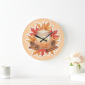 Cozy Fall Candle with Maple Leaves | Autumn Design ラージ壁時計 (ホーム)