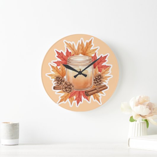 Cozy Fall Candle with Maple Leaves | Autumn Design ラージ壁時計 (ホーム)