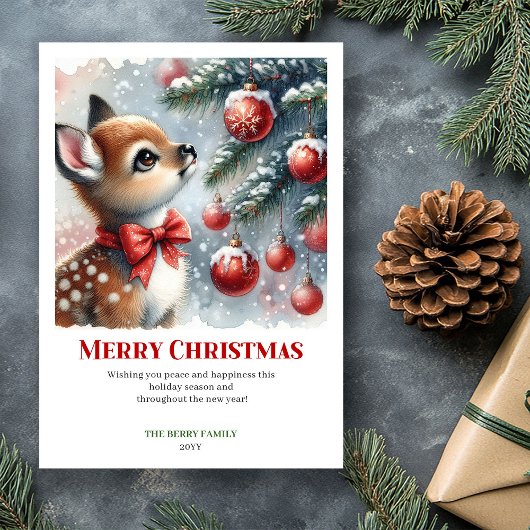 Cozy Fawn Watercolor Snowy Forest Christmas Cards シーズンカード