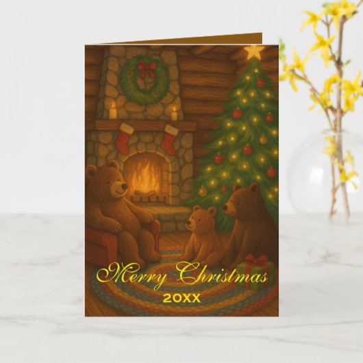 Cozy Fire with Bears Custom Christmas カード (黄色い花)