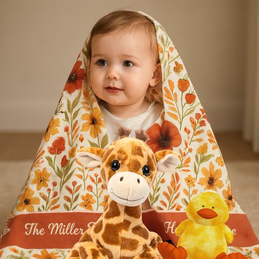 cozy floral harvest home & family name script フリースブランケット