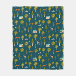 Cozy Forest Cabin and Animals Fleece Blanket フリースブランケット
