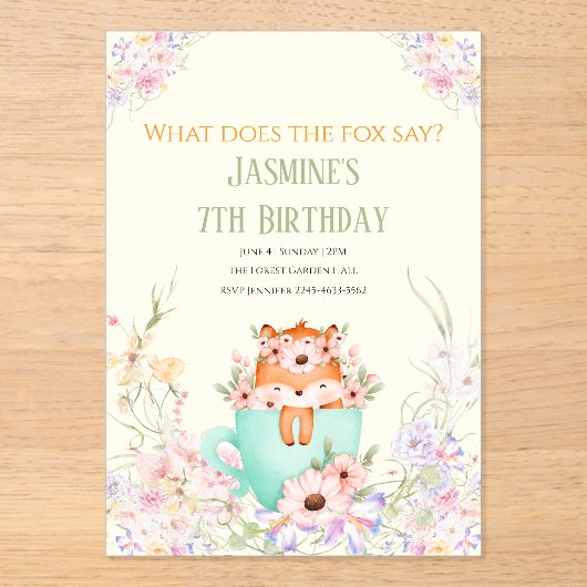 Cozy Fox Flower Forest Magical Birthday Invitation アクリル招待状 (正面)