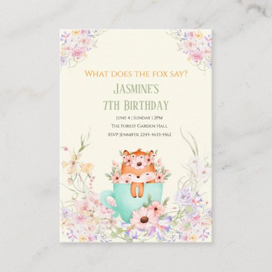 Cozy Fox Forest Magical Floral Birthday Invitation エンクロージャーカード (正面)