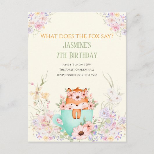 Cozy Fox Forest Magical Floral Birthday Invitation ポストカード (正面)