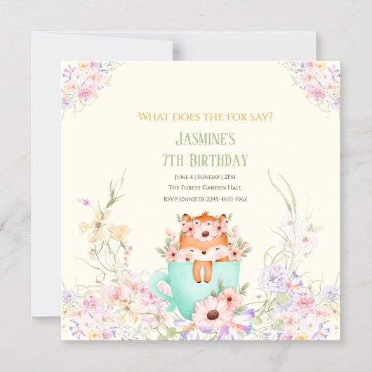 Cozy Fox Forest Magical Floral Birthday Invitation マグネット招待状 (正面)