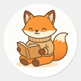 Cozy Fox Reading a Book (Glossy White Background)  ラウンドシール