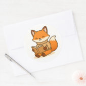 Cozy Fox Reading a Book (Glossy White Background)  ラウンドシール (封筒)