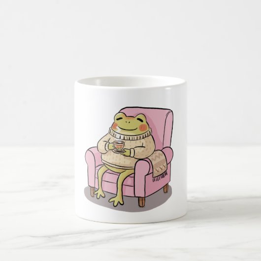 Cozy Frog Drinking Tea On Sofa Illustration コーヒーマグカップ (中央)