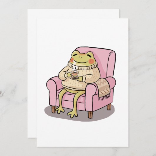Cozy Frog Drinking Tea On Sofa Illustration 招待状 (正面/裏面)
