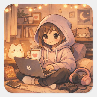 Cozy Gamer Introvert Aesthetic Hoodie Girl Gaming  スクエアシール