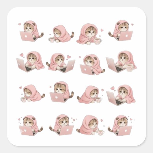 Cozy Gaming Cat Pattern - Aesthetic Pink Hoodie Ki スクエアシール (正面)