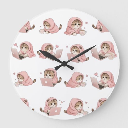 Cozy Gaming Cat Pattern - Aesthetic Pink Hoodie Ki ラージ壁時計 (正面)