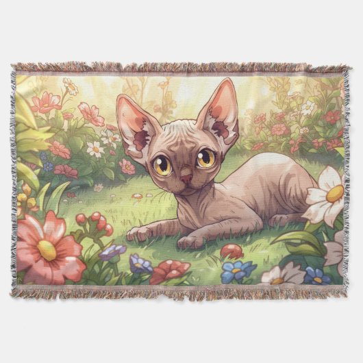 “Cozy Garden Sphynx" Cute Sphynx Cat スローブランケット (正面)