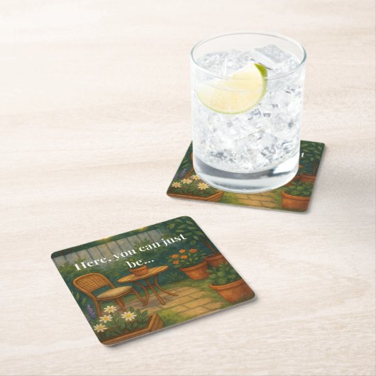 Cozy Garden Throw Pillow – 'Here, You Can Just Be' スクエアペーパーコースター (インサイチュ)