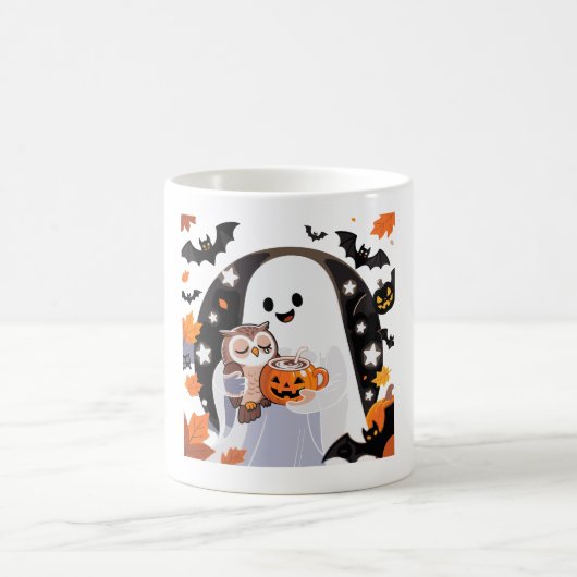 Cozy Ghost and Owl Halloween Art コーヒーマグカップ (中央)