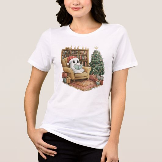 Cozy Ghost Reading Christmas Cute Holiday Gift トライブレンドＴシャツ (正面)
