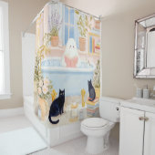 Cozy Ghost Reading in Bubble Bath with Black Cats シャワーカーテン (インサイチュ)