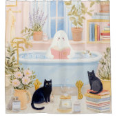 Cozy Ghost Reading in Bubble Bath with Black Cats シャワーカーテン (正面)