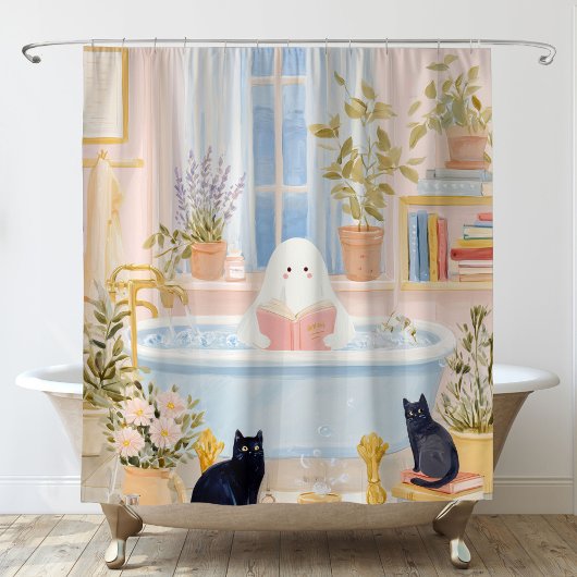 Cozy Ghost Reading in Bubble Bath with Black Cats シャワーカーテン